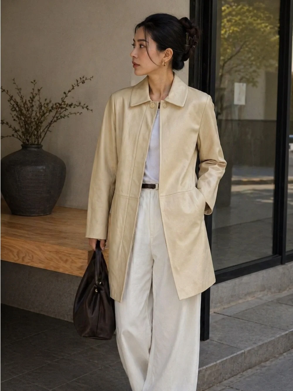 Vintage Ilda Park Choon Moo Leather Coat Cream Beige Mid Length‎ Small